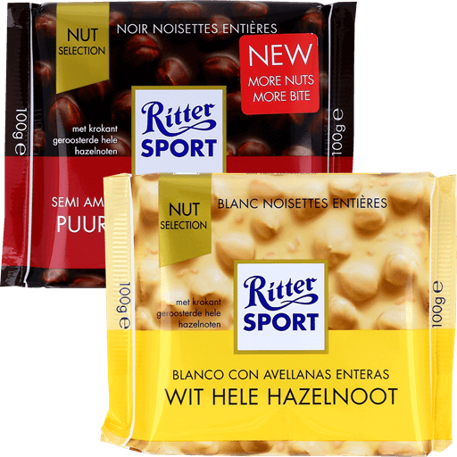 Ritter Sport Nut Selection 100Gram Wit Hele Hazelnoot en Puur Hele Hazelnoot